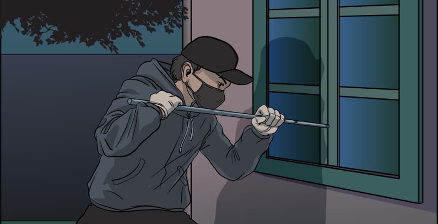 Illustration of burglar forcing entry through a window in Lima